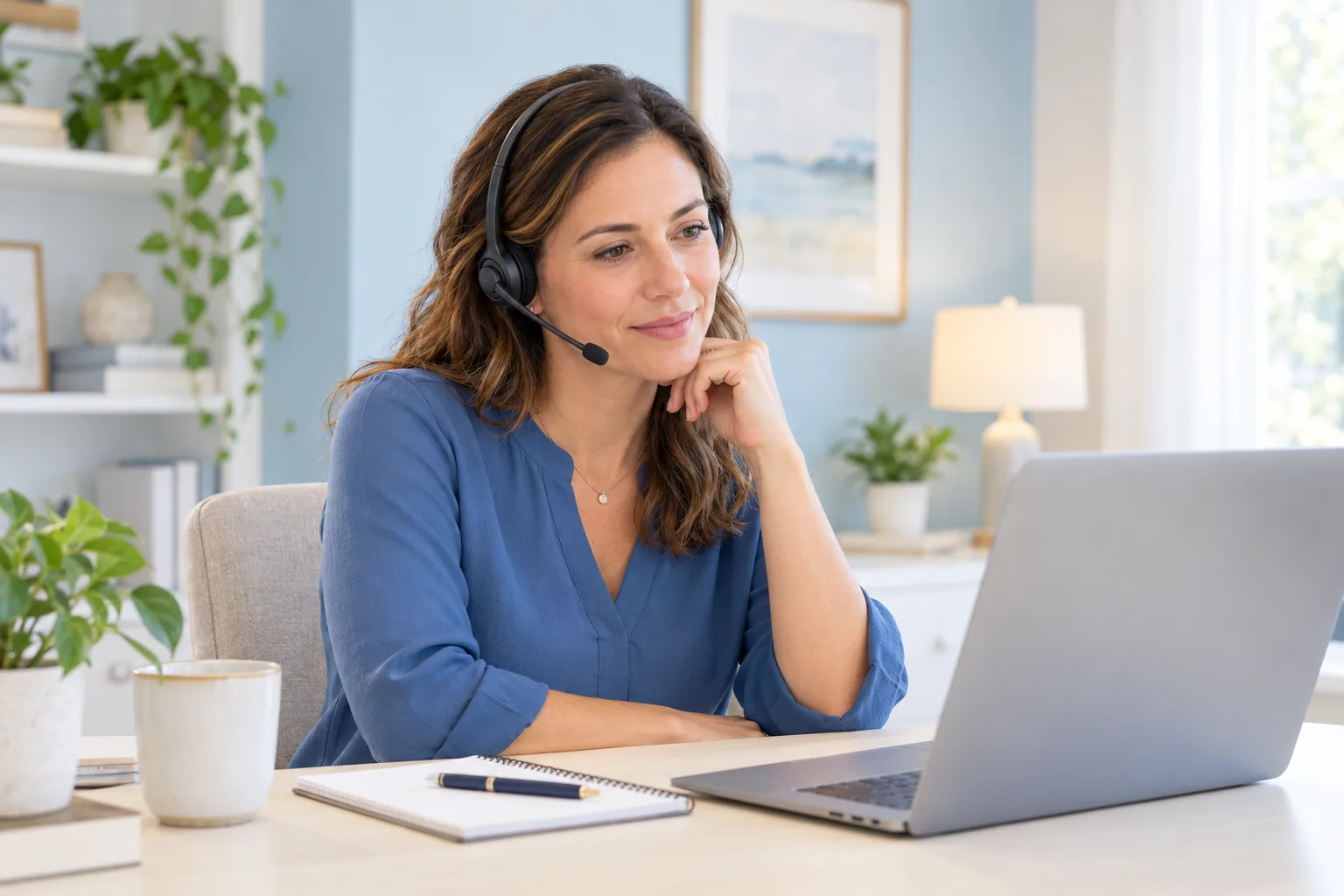 Illustrative phone representative listening at a bright desk