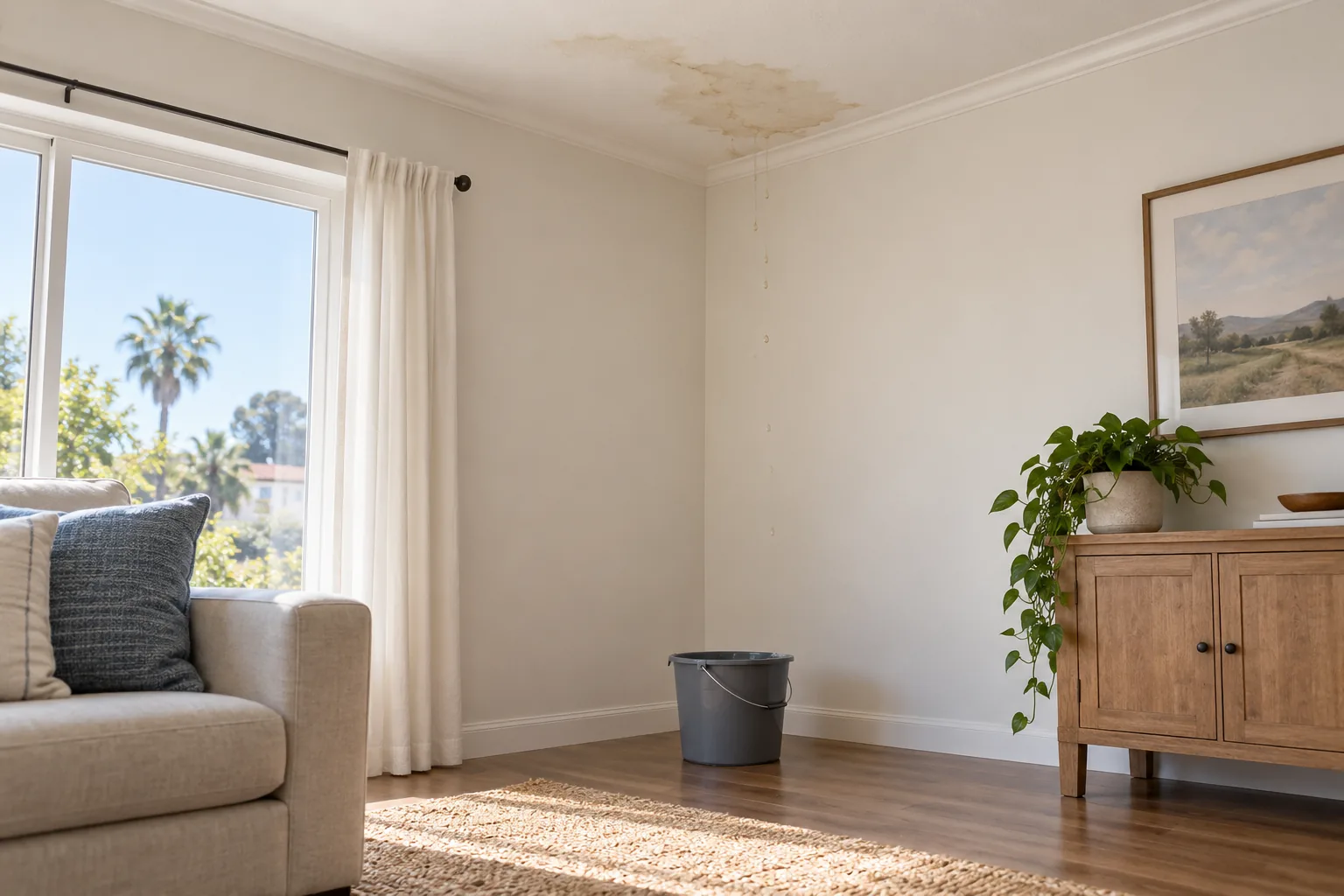 Small ceiling water stain above a bucket in a light living room