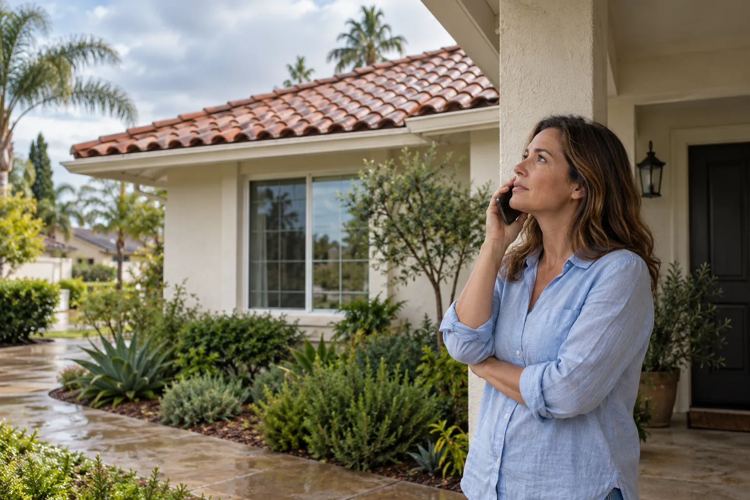 Homeowner making a phone call from a covered porch beside a tiled roof