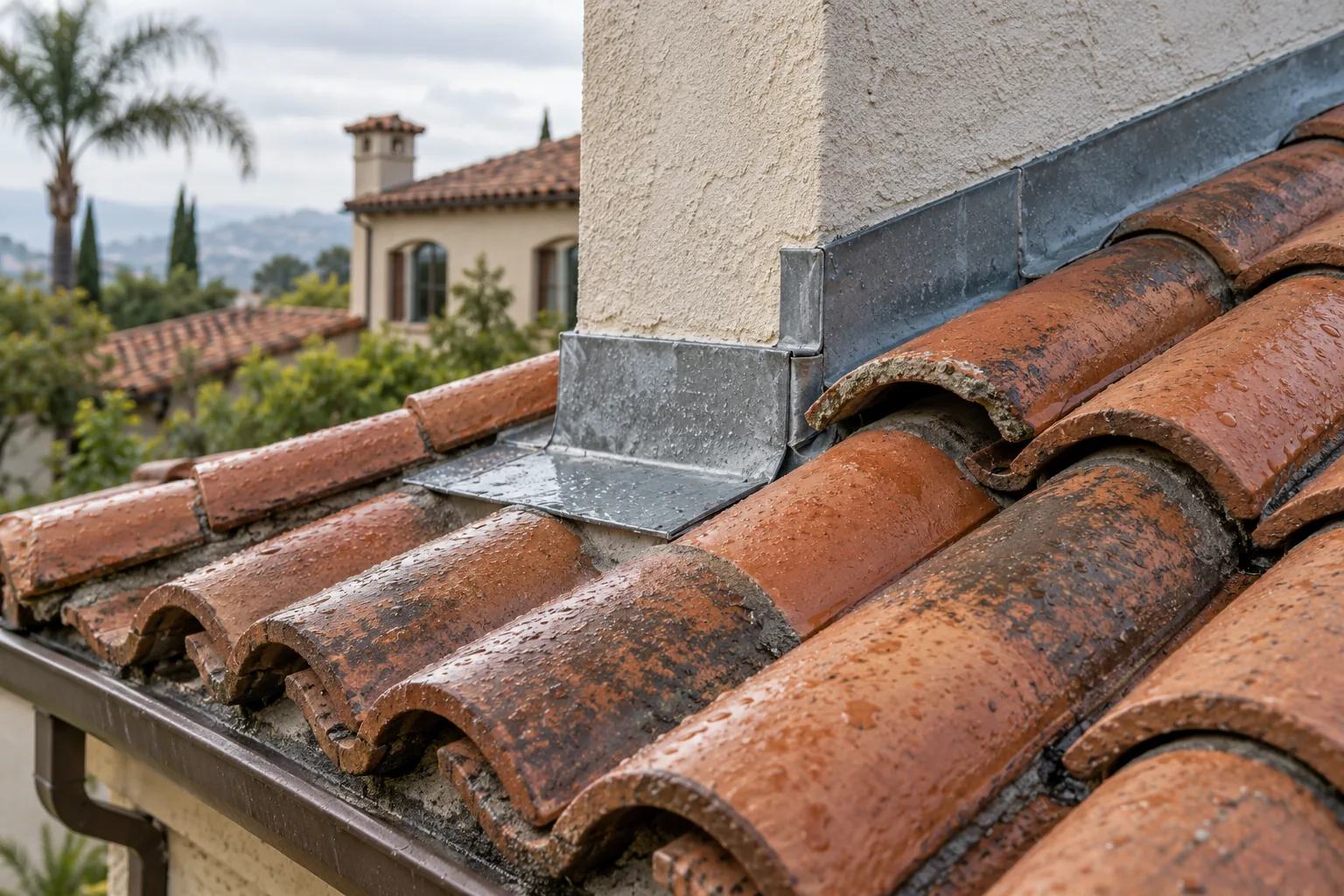 Rain droplets on terracotta roof tiles and metal flashing at a chimney junction