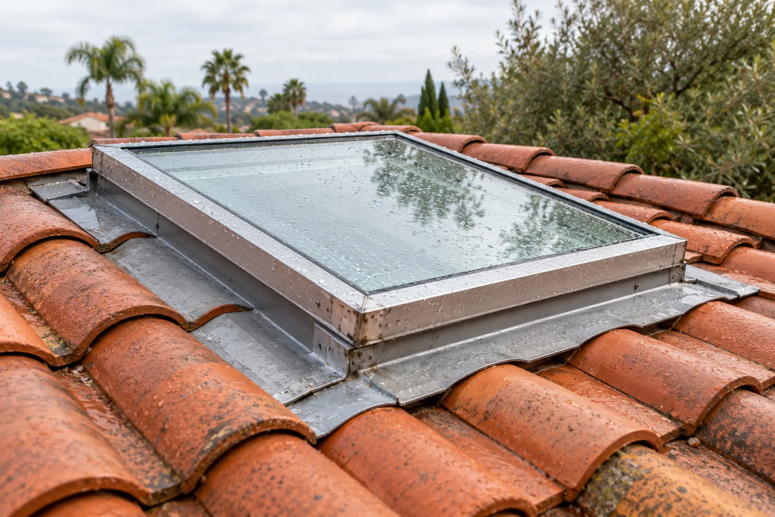 Low-profile skylight and metal flashing set into a terracotta tile roof